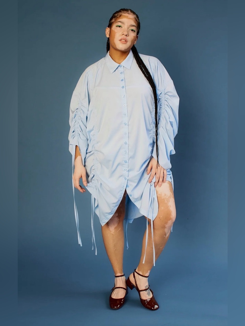 Tamara Malas Shirley Blue Stripe Button-Up Shirt with Ruched Drawstrings NWT